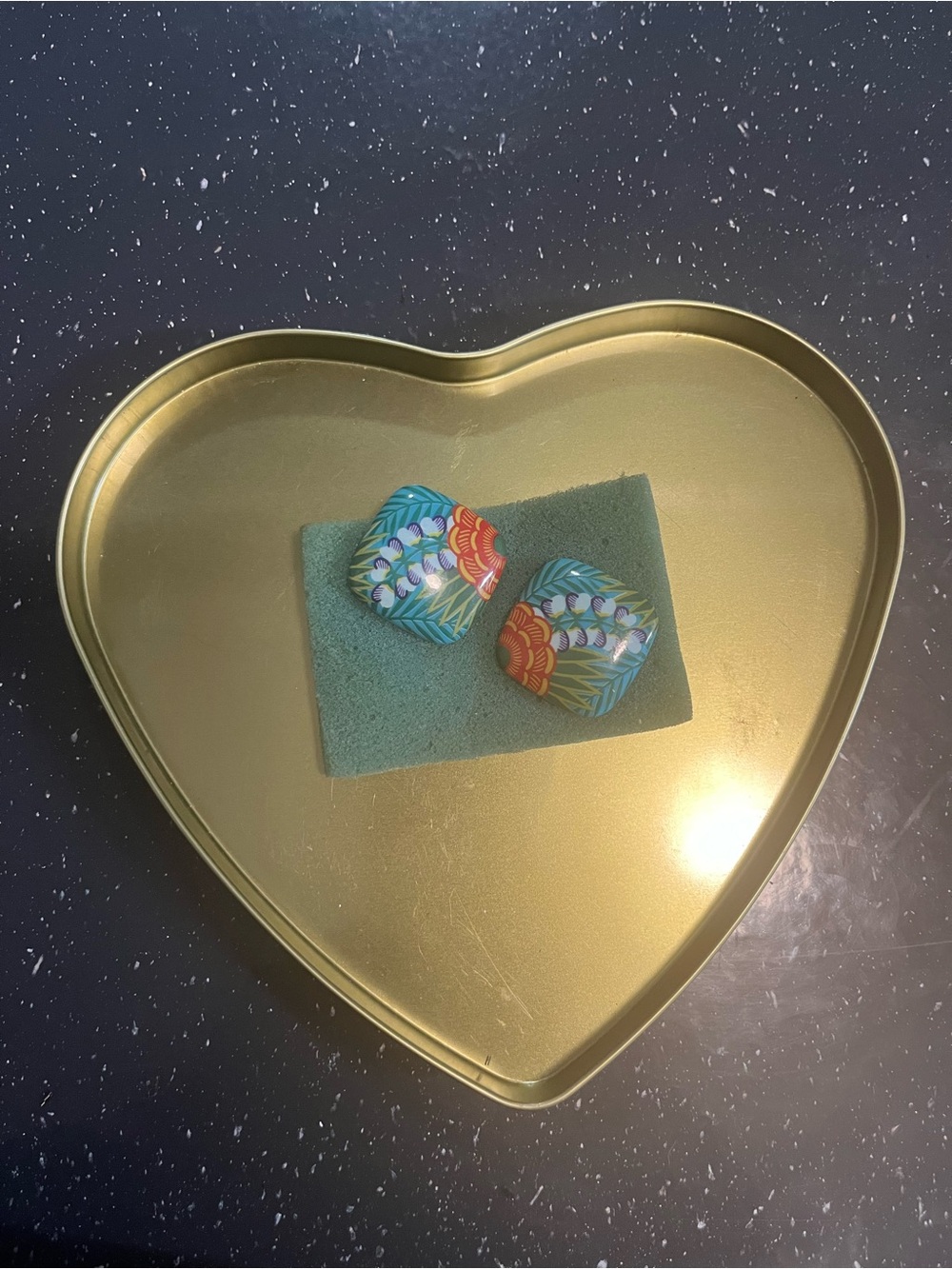 Hand-Painted Floral Heart Accent Pair - Teal and Orange